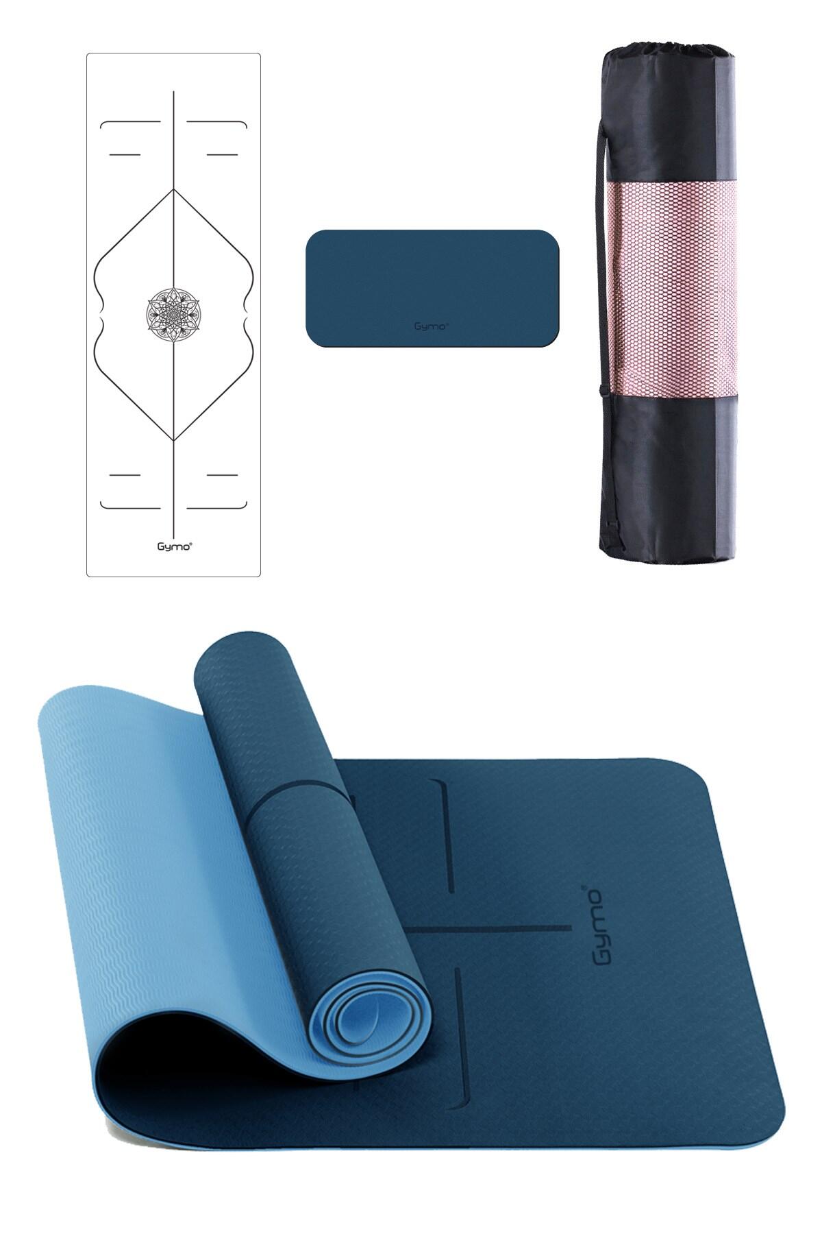 Gymo Hizalamalı 6mm TPE Yoga Matı Pilates Minderi Diz Dirsek Koruyucu Matlı Set Mavi