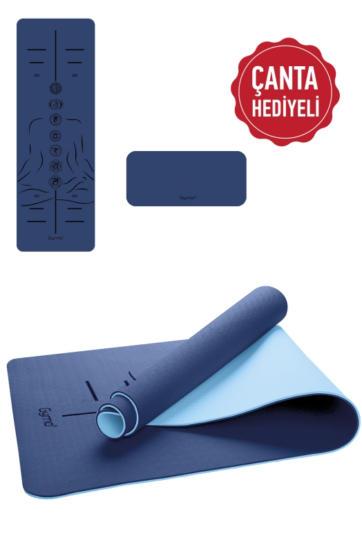 Gymo Sembol Hizalamalı 6mm TPE Yoga Matı Pilates Minderi Diz Dirsek Koruyucu Matlı Set Mavi